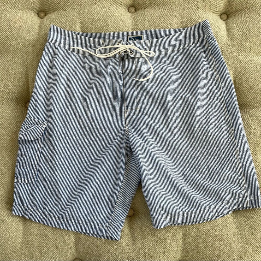 J Crew Blue Seersucker Stripe Long Board Short Swim Trunks Lined 33